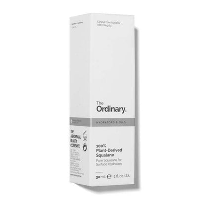 The Ordinary 100% Plant-Derived Squalane 30ml packaging for hydrating plant-based skincare solutions.