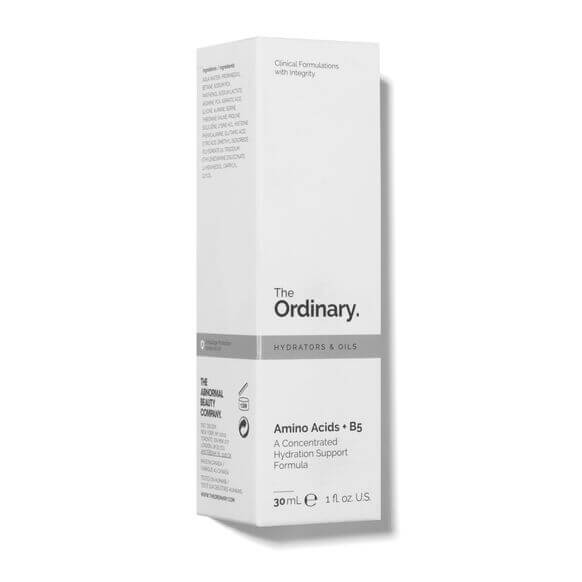The Ordinary Amino Acids + B5 serum 30ml packaging designed for hydration and elasticity support.