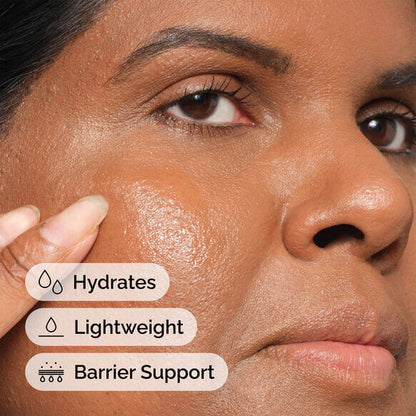 Close-up of a person's face with text indicating hydrating, lightweight, and barrier support features.
