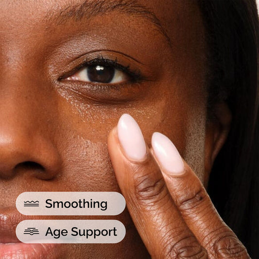 Woman applying a The Ordinary product to her face with text indicating 'Smoothing' and 'Age Support'.