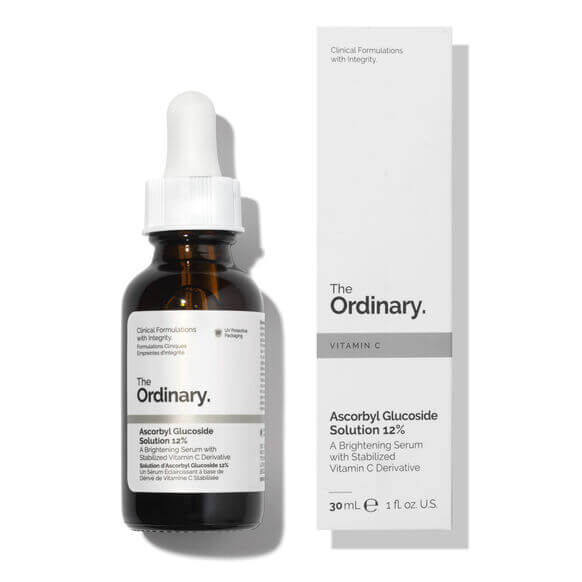 The Ordinary Ascorbyl Glucoside Solution 12% serum in an amber bottle with box, brightening skin treatment with vitamin C.
