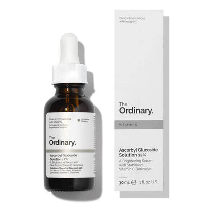 The Ordinary Ascorbyl Glucoside Solution 12% serum in an amber bottle with box, brightening skin treatment with vitamin C.