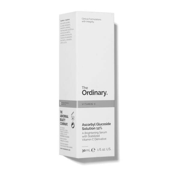 The Ordinary Ascorbyl Glucoside Solution 12% packaging, a vitamin C serum for brightening and rejuvenating skin.