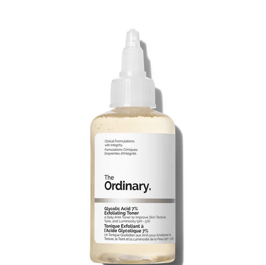 The Ordinary Glycolic Acid 7% Toning Solution bottle for skin texture enhancement and radiance.