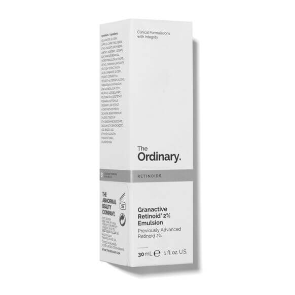 The Ordinary Granactive Retinoid 2% Emulsion 30ml box packaging showcasing anti-aging benefits.