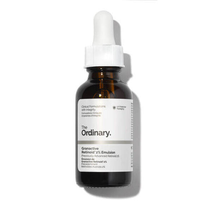 The Ordinary Granactive Retinoid 2% Emulsion 30ml serum in dropper bottle for youthful glowing skin.