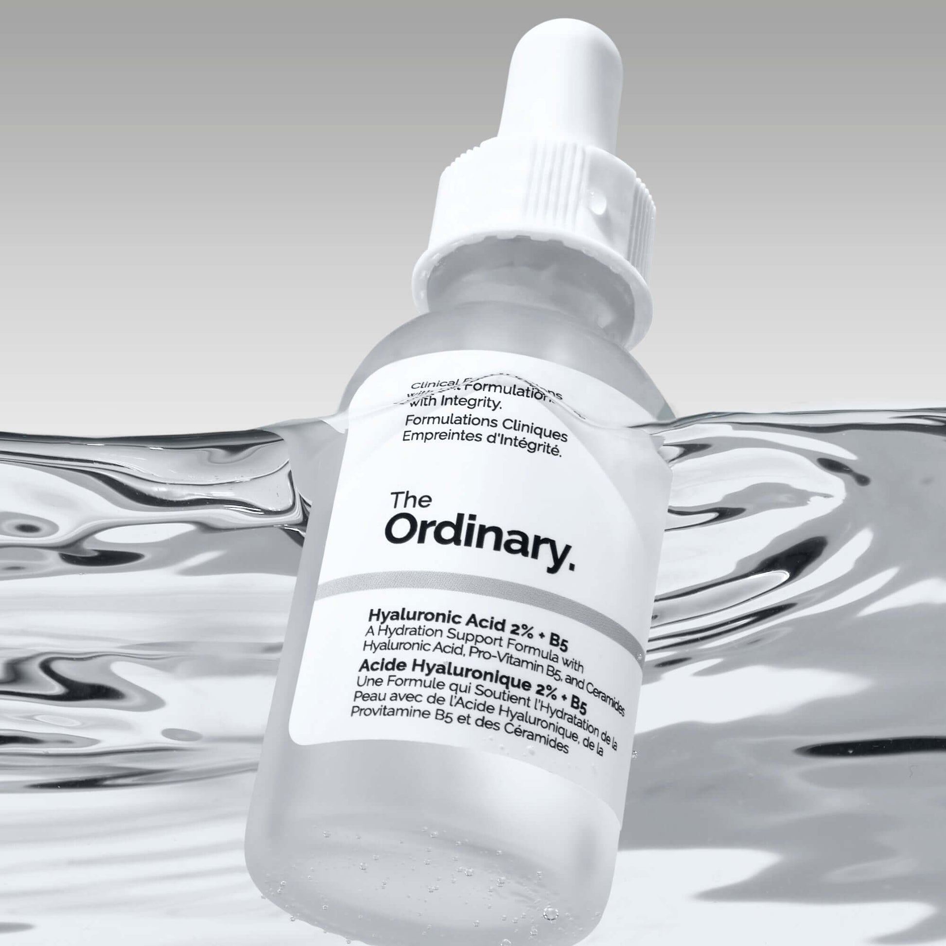 The Ordinary Hyaluronic Acid 2% + B5 serum bottle in water, promoting deep hydration for refreshed skin.