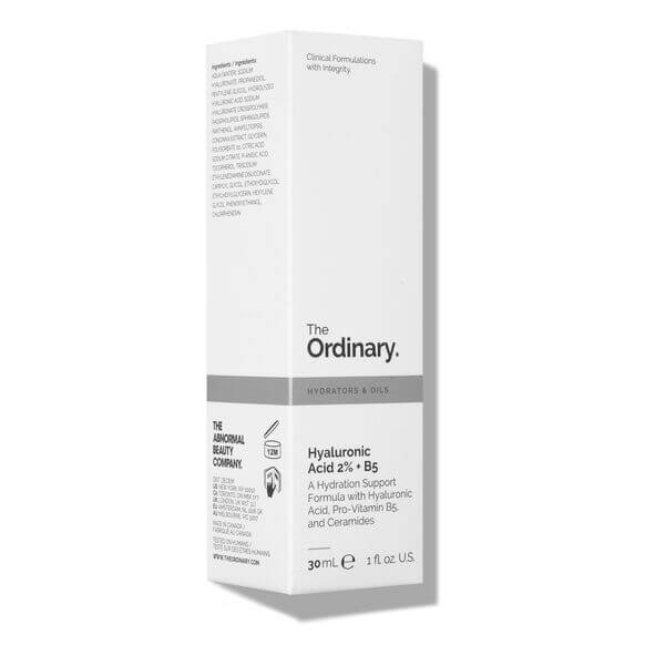 The Ordinary Hyaluronic Acid 2% + B5 product box, designed for deep hydration and skin rejuvenation.