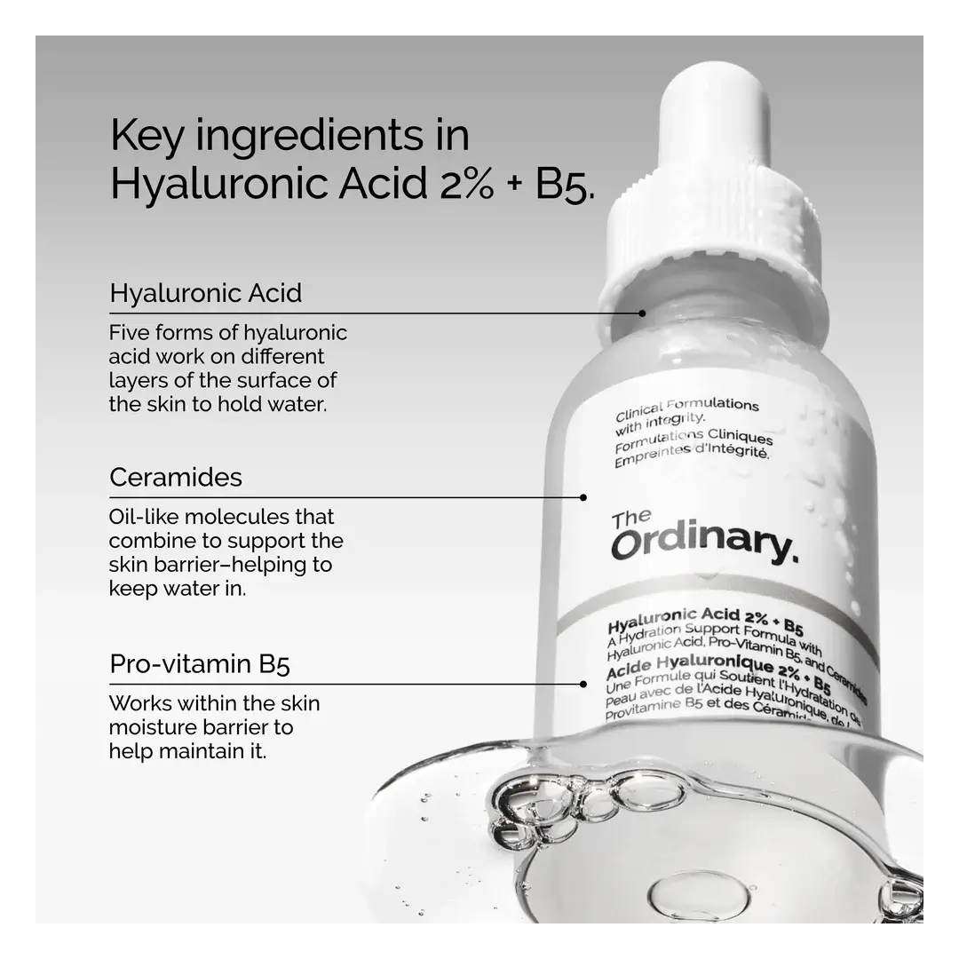 Key ingredients of The Ordinary Hyaluronic Acid 2% + B5: Hyaluronic Acid, Ceramides, Pro-vitamin B5.