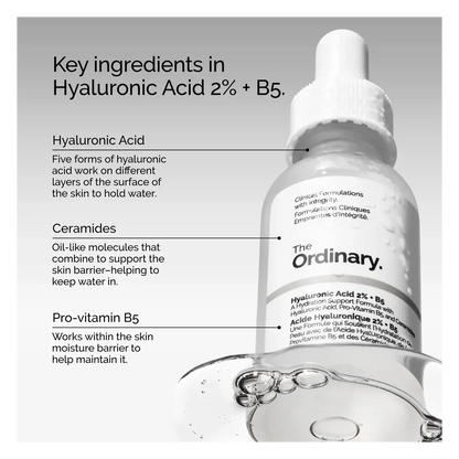 Key ingredients of The Ordinary Hyaluronic Acid 2% + B5: Hyaluronic Acid, Ceramides, Pro-vitamin B5.