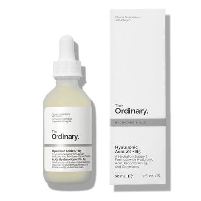 The Ordinary Hyaluronic Acid 2% + B5 serum with dropper and box, for deep hydration and revitalized skin.