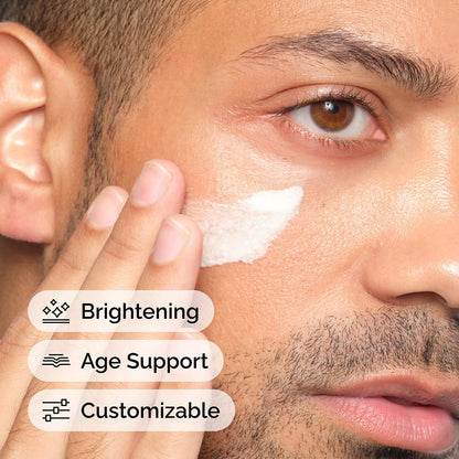 Close-up of a man applying The Ordinary cream to his face with text indicating benefits like brightening and age support.