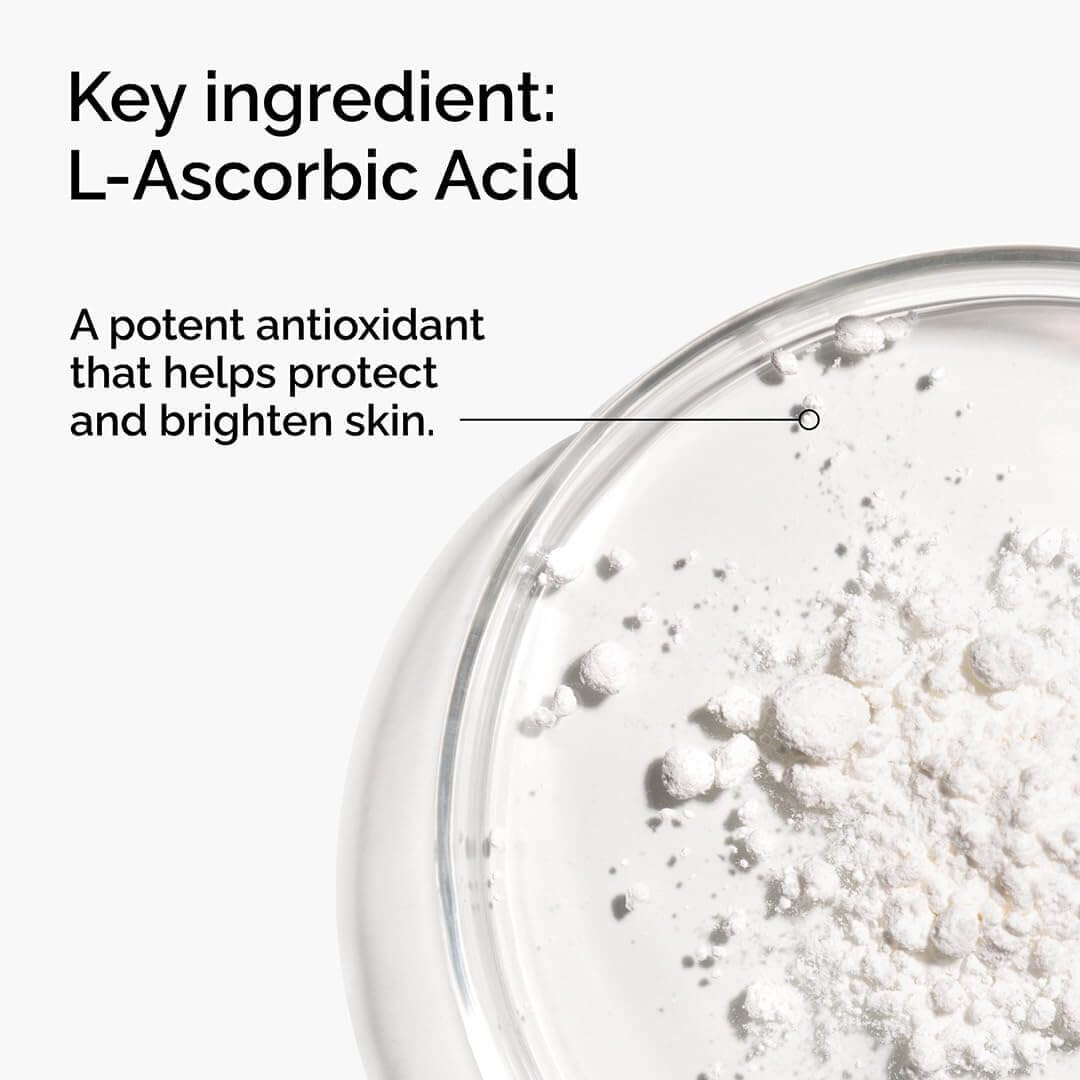 The Ordinary L-Ascorbic Acid powder in a glass container with text about its benefits.