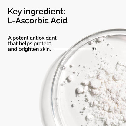 The Ordinary L-Ascorbic Acid powder in a glass container with text about its benefits.