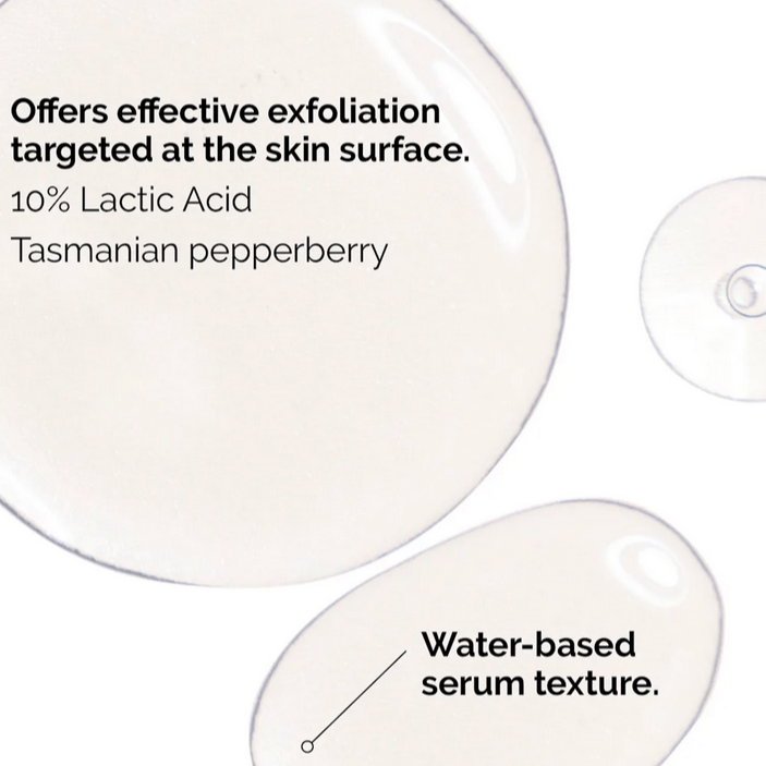 Close-up of The Ordinary Lactic Acid 10% serum showcasing water-based texture and key ingredients.