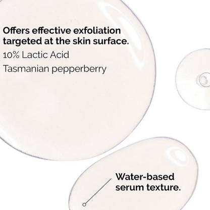 Close-up of The Ordinary Lactic Acid 10% serum showcasing water-based texture and key ingredients.