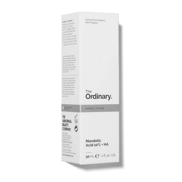 The Ordinary Mandelic Acid 10% + HA 30ml serum packaging for brightening skin and improving texture.