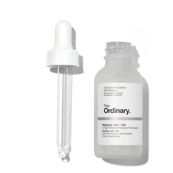 The Ordinary Matrixyl 10% + HA 30ml serum with dropper for youthful skin and anti-aging benefits.