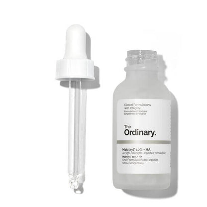 The Ordinary Matrixyl 10% + HA 30ml serum with dropper for youthful skin and anti-aging benefits.