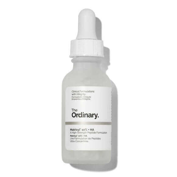 The Ordinary Matrixyl 10% + HA serum in a dropper bottle for youthful skin and anti-aging benefits.