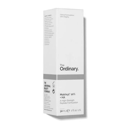 The Ordinary Matrixyl 10% + HA 30ml serum box featuring clinical formulation details.