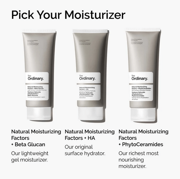 The Ordinary moisturizer options including Natural Moisturizing Factors + HA, Beta Glucan, and PhytoCeramides.