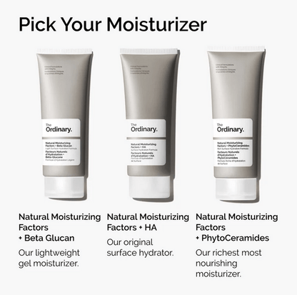 The Ordinary moisturizer options including Natural Moisturizing Factors + HA, Beta Glucan, and PhytoCeramides.