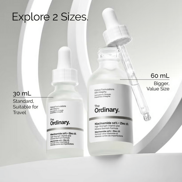 The Ordinary Niacinamide 10% + Zinc 1% serum in two sizes: 30 mL travel size and 60 mL value size.