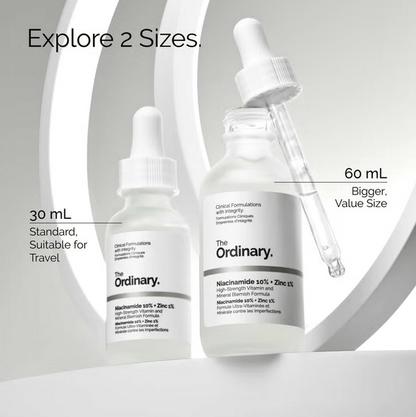 The Ordinary Niacinamide 10% + Zinc 1% serum in two sizes: 30 mL travel size and 60 mL value size.