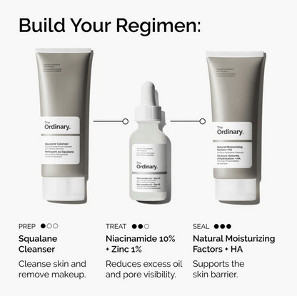 The Ordinary skincare regimen featuring Squalane Cleanser, Niacinamide 10% + Zinc 1%, and Natural Moisturizing Factors + HA.