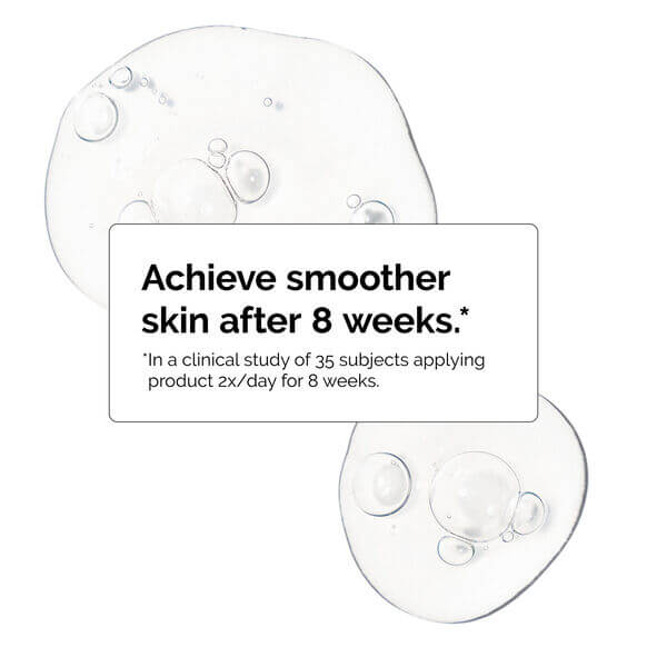 The Ordinary serum showing translucent gel texture promising smoother skin after 8 weeks.