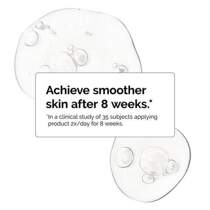 The Ordinary serum showing translucent gel texture promising smoother skin after 8 weeks.