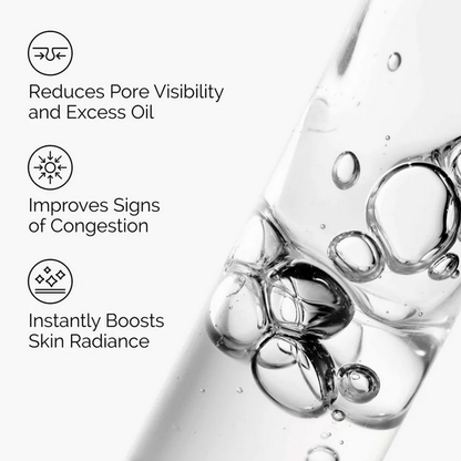 Image detailing benefits of The Ordinary Niacinamide 10% + Zinc 1%: reduces pores, improves congestion, boosts skin radiance.