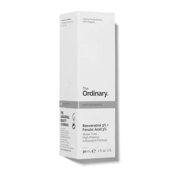 The Ordinary Resveratrol 3% + Ferulic Acid 3% 30ml serum box showcasing antioxidant benefits.