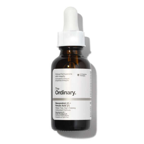 The Ordinary Resveratrol 3% + Ferulic Acid 3% serum bottle for radiant skin with potent antioxidants.