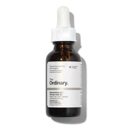 The Ordinary Resveratrol 3% + Ferulic Acid 3% serum bottle for radiant skin with potent antioxidants.