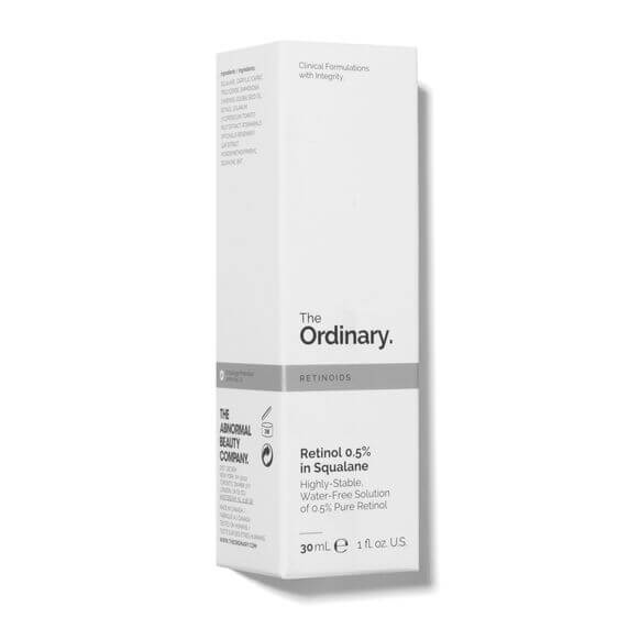 The Ordinary Retinol 0.5% in Squalane serum packaging, promoting smoother, rejuvenated skin.