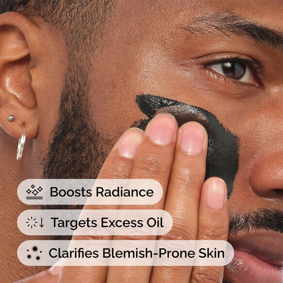 Person applying The Ordinary blackhead removal product to face with text highlighting benefits