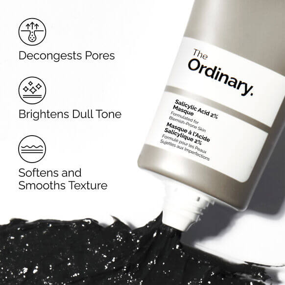 The Ordinary Salicylic Acid 2% Masque with black mask being squeezed out, on a white background.