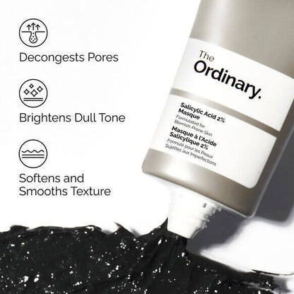 The Ordinary Salicylic Acid 2% Masque with black mask being squeezed out, on a white background.
