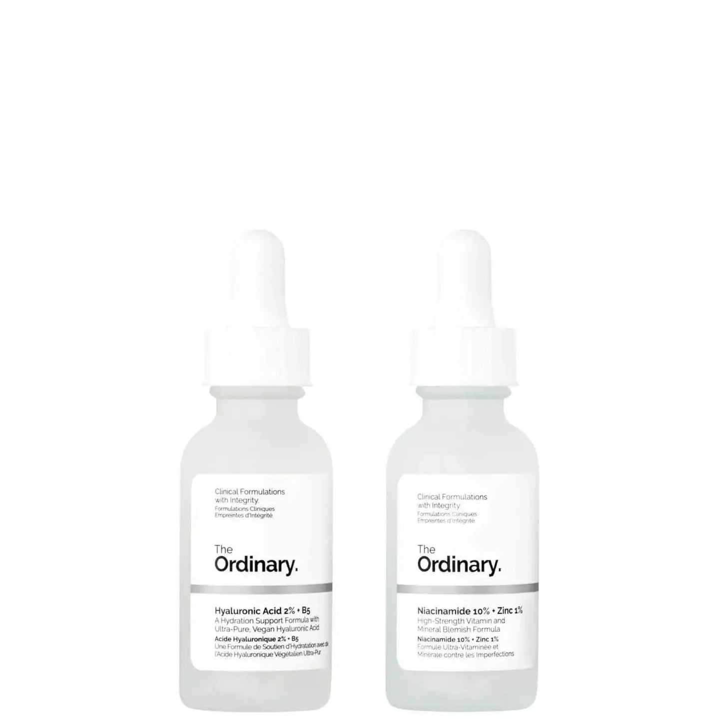 The Ordinary Skin Support Set with Hyaluronic Acid 2% + B5 and Niacinamide 10% + Zinc 1% serums for hydrated skin.