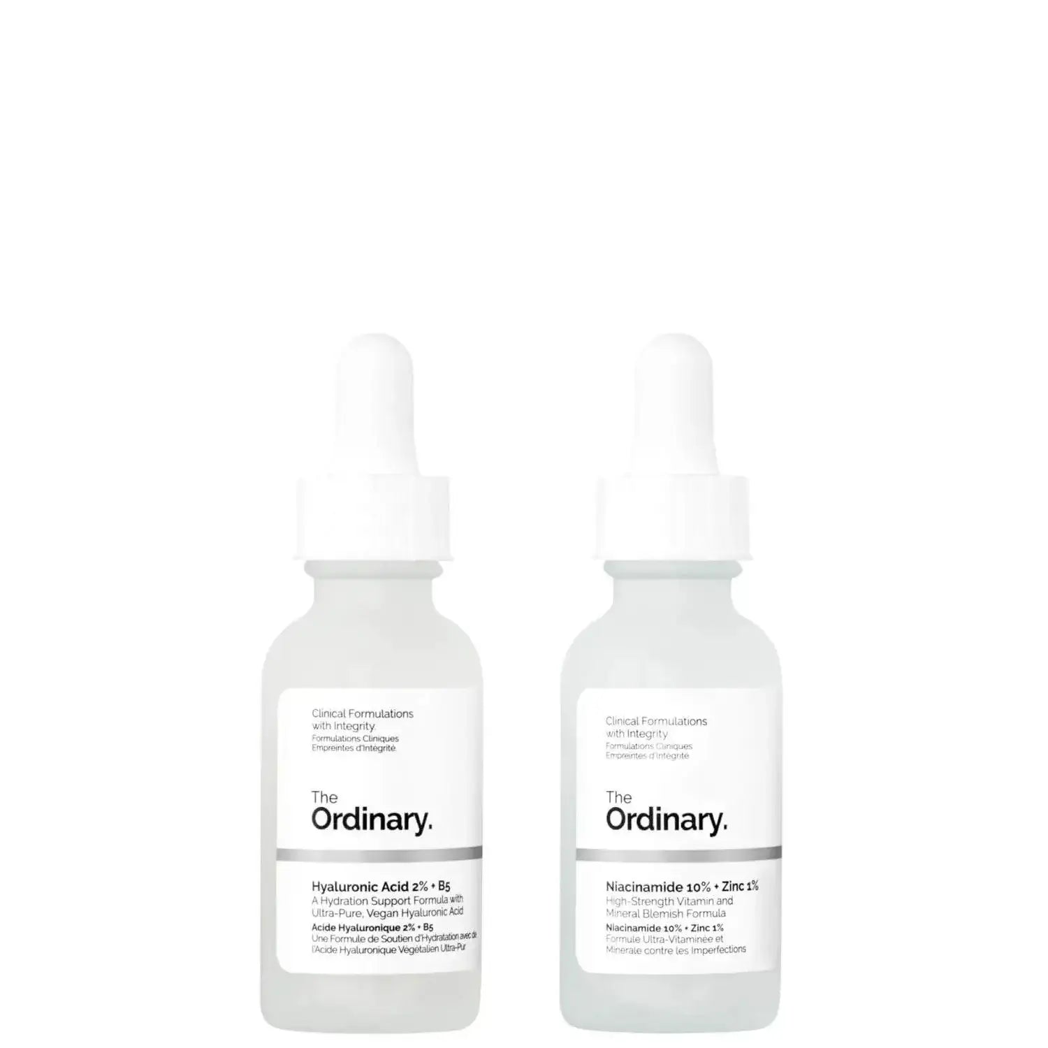 The Ordinary Skin Support Set with Hyaluronic Acid 2% + B5 and Niacinamide 10% + Zinc 1% serums for hydrated skin.