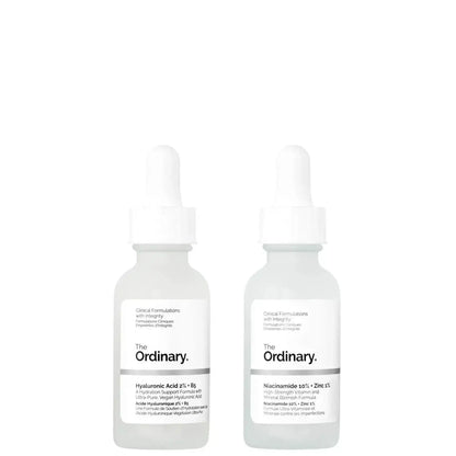 The Ordinary Skin Support Set with Hyaluronic Acid 2% + B5 and Niacinamide 10% + Zinc 1% serums for hydrated skin.