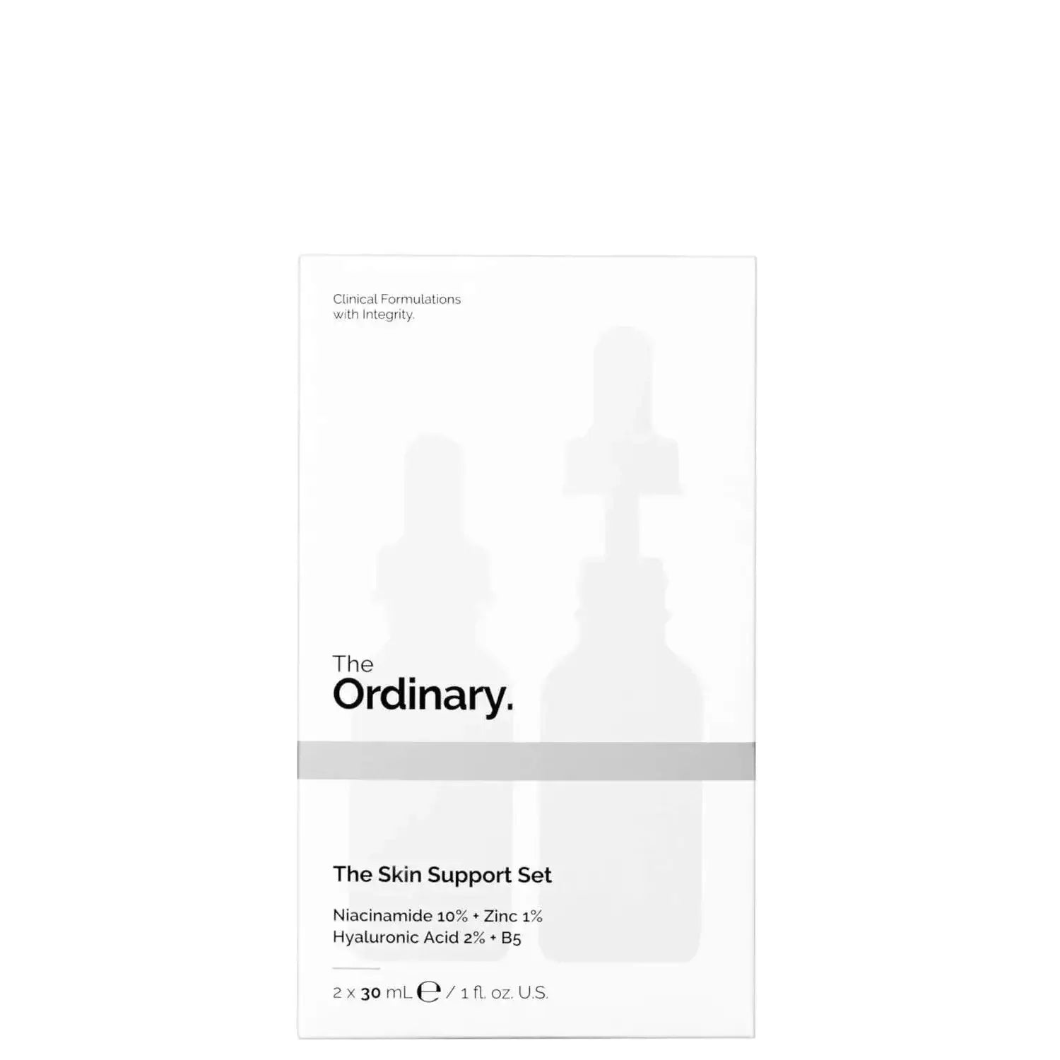 The Ordinary The Skin Support Set with Hyaluronic Acid 2% and Niacinamide for hydrated, brighter skin.
