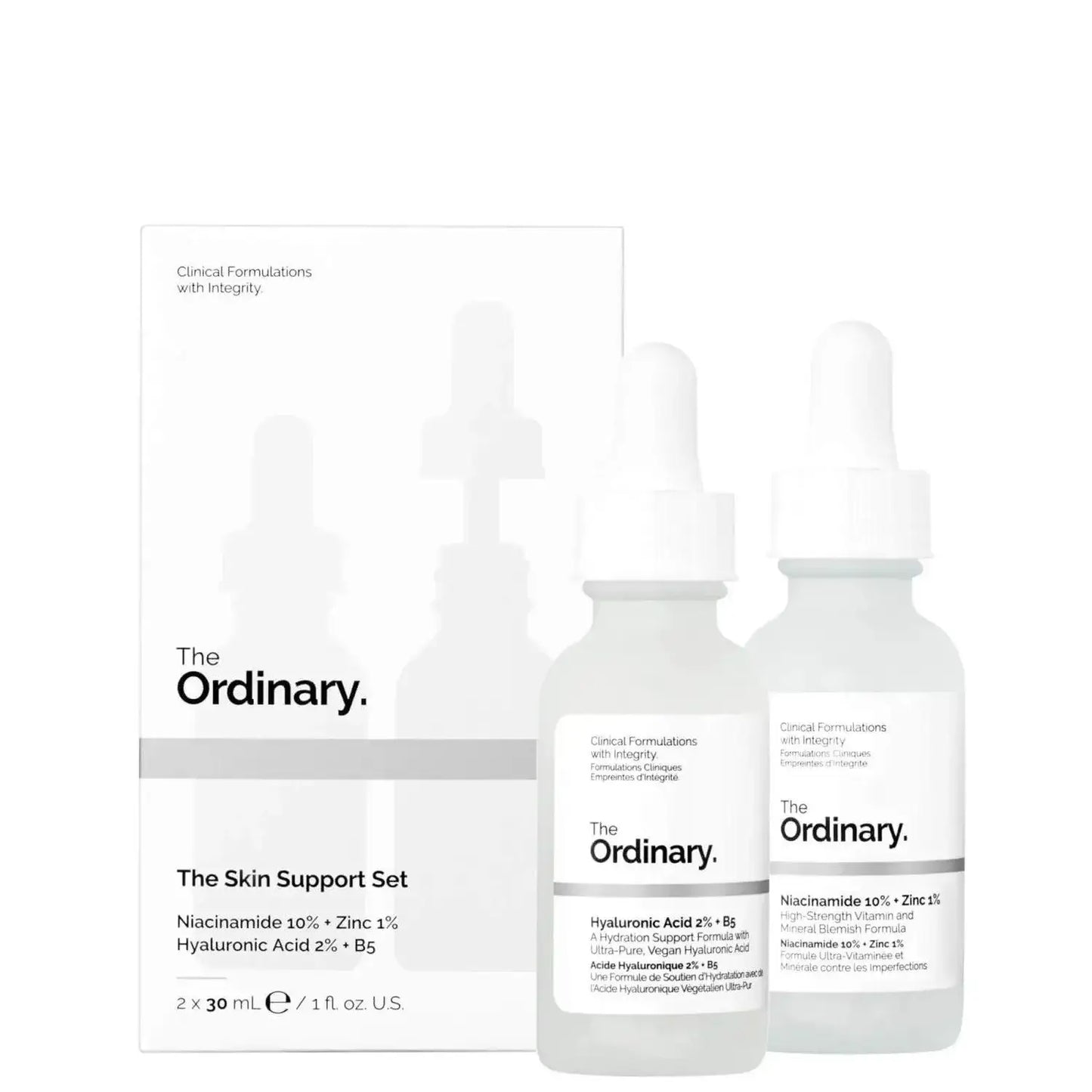 The Ordinary Skin Support Set with Hyaluronic Acid and Niacinamide serums, promoting hydration and brighter complexion.