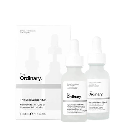 The Ordinary Skin Support Set with Hyaluronic Acid and Niacinamide serums, promoting hydration and brighter complexion.