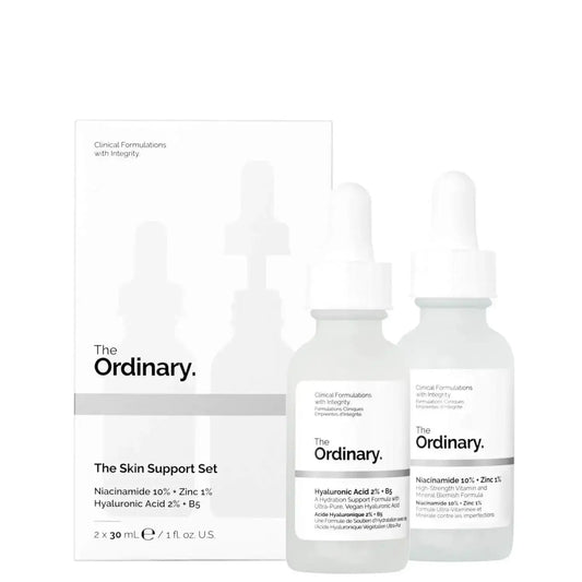 The Ordinary Skin Support Set with Hyaluronic Acid and Niacinamide serums, promoting hydration and brighter complexion.