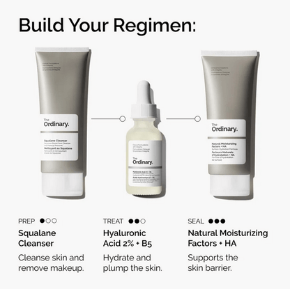 Image showing The Ordinary skincare regimen: Squalane Cleanser, Hyaluronic Acid, and Natural Moisturizing Factors + HA.