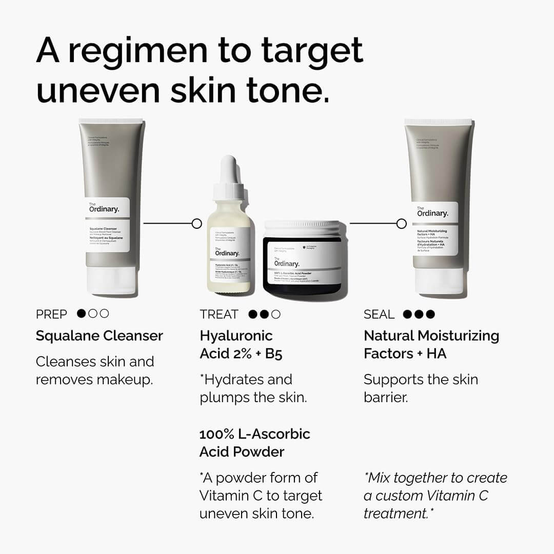 The Ordinary Skincare product lineup with text describing a regimen for uneven skin tone on a white background.