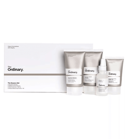 The Ordinary The Balance Set featuring Squalane Cleanser and three additional skincare products for balanced complexions.